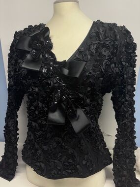 VINTAGE Frank Usher 3D Ribbon Rose Sequin Statement Top size 14 Large